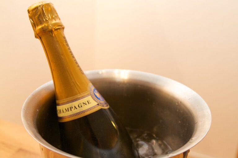 Champagnerflasche in einem Edelstahl-Sektkühler mit Eiswürfeln