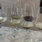 Mehrere Weingläser mit Weiß- und Rotwein auf einem Verkostungsbogen